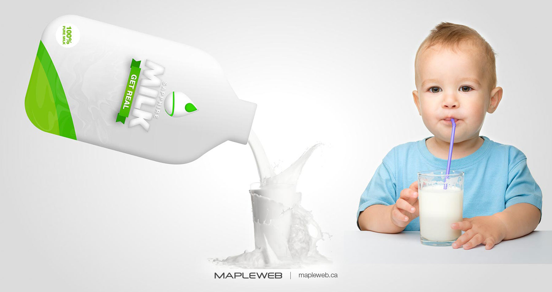 Sapphire Milk Brand design by Mapleweb a Baby Drinking Glass of Milk and Milk Bottle